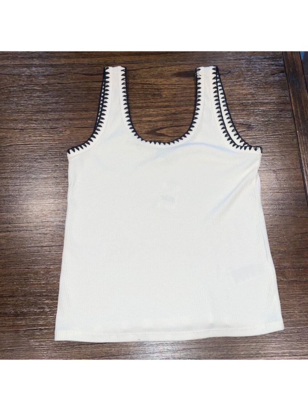 NWT J.Crew Factory Blanket Stitch Tank Top Sz M Ivory Black Stretch Comfy Ribbed